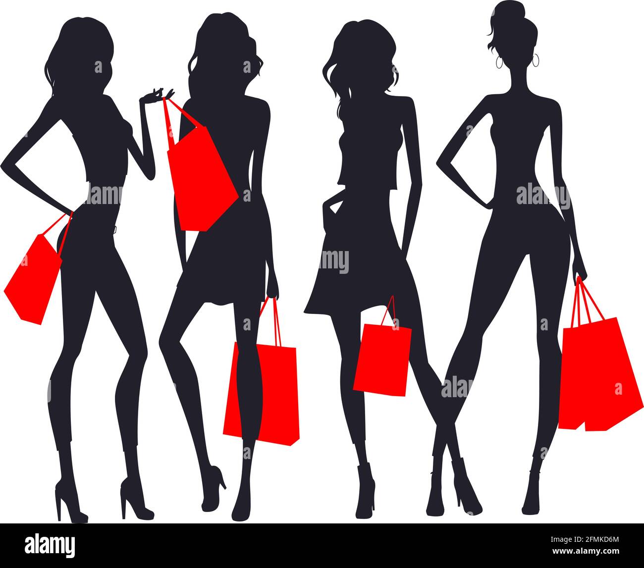 Des femmes glamour et des sacs à provisions dans des tenues modernes. Les filles font du shopping. Illustration de Vecteur