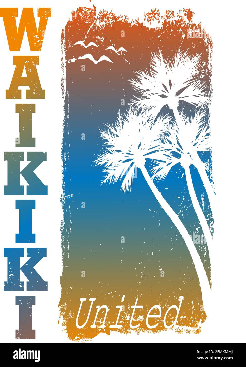 Imprimé Hawaï Waikiki avec palmiers. Motif T-shirt, graphiques, timbre, étiquette, typographie Illustration de Vecteur