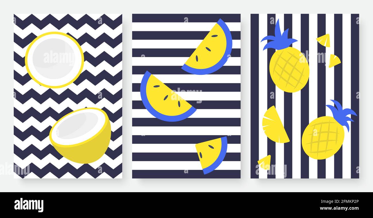 Fruits tropicaux sur un ensemble d'illustrations vectorielles noir et blanc à rayures. Citrons jaunes d'été tranches d'ananas, fruits entiers et mi-fruits et rayures dans le décor de mur d'art tropique, modèle d'histoires de médias sociaux Illustration de Vecteur