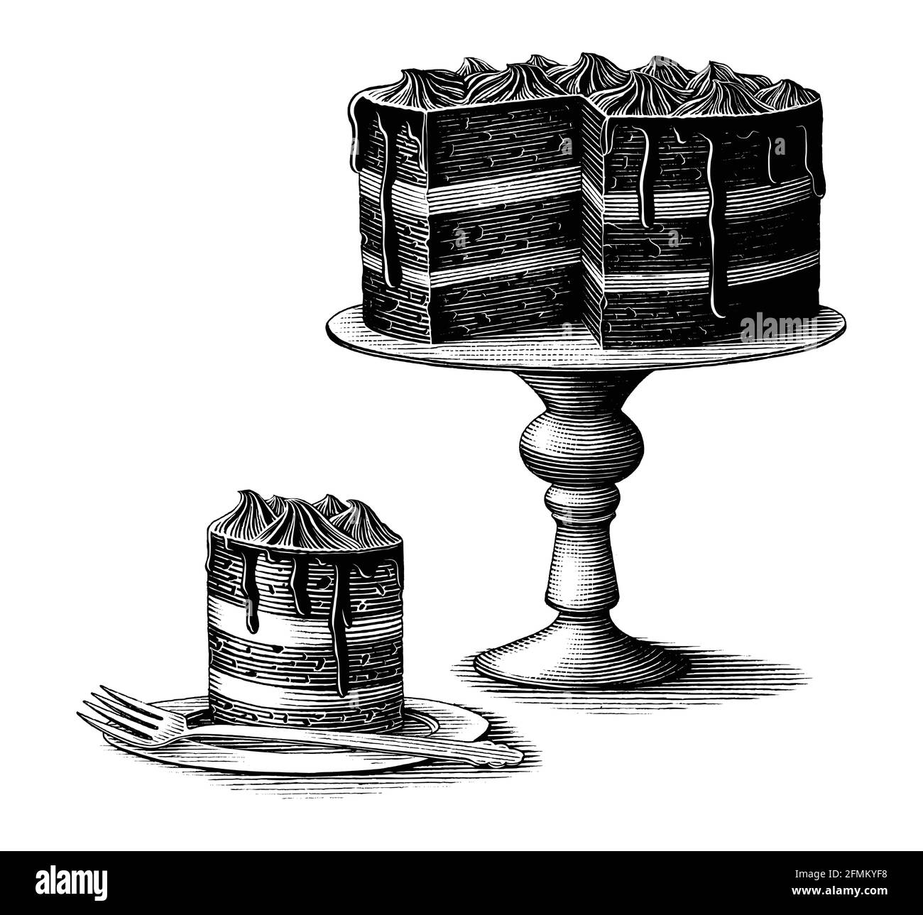 Brownie cake fait main vintage gravure style noir et blanc clip art isolé sur fond blanc Illustration de Vecteur