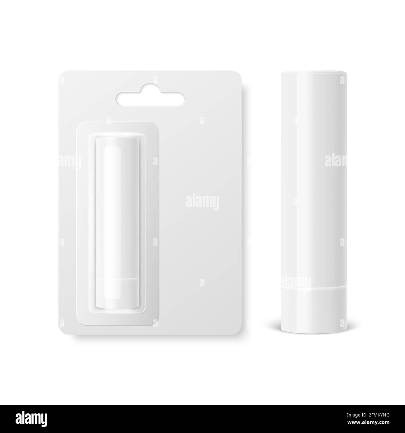 Vector Realistic 3d blanc blanc Baume à lèvre fermée bâton, Lipstick hygiénique et Blister ensemble d'emballage isolé. Modèle de conception pour graphiques, vecteur Illustration de Vecteur