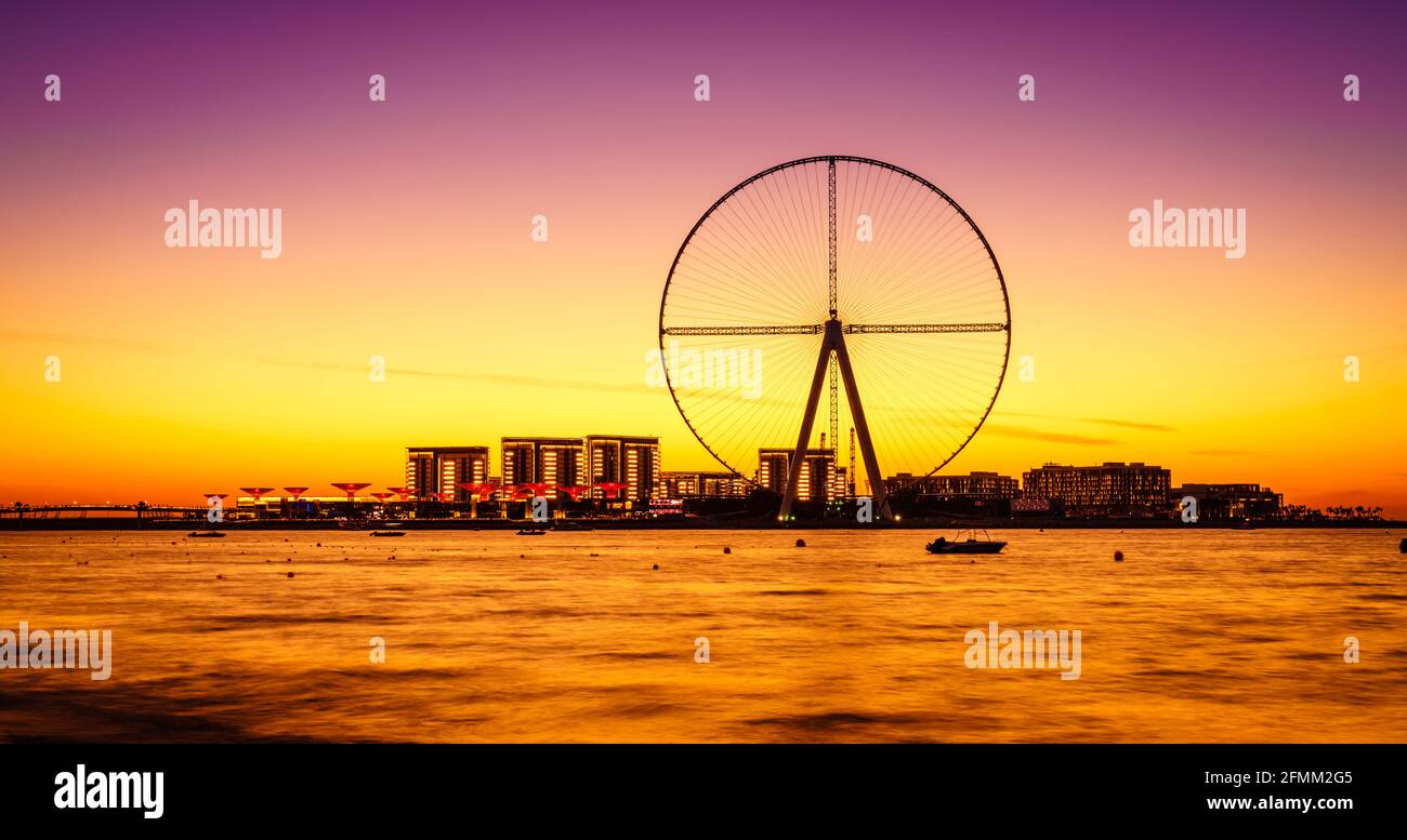 Vue au crépuscule sur l'île Bluewaters et Ain Dubai pendant la construction, Dubaï, Émirats Arabes Unis Banque D'Images