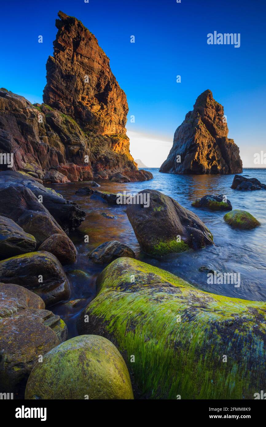 Magnifique paysage marin et dernier soir lumière du soleil sur les Seastacks à Runde Island, Herøy kommune, côte ouest de l'Atlantique, Møre og Romsdal, Norvège, Scandinavie. Banque D'Images