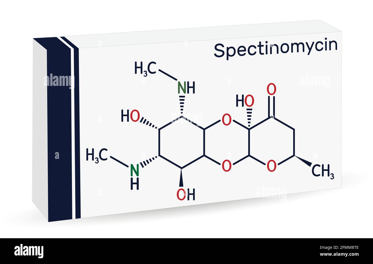 Molécule de spectinomycine. Il s'agit de la pyranobenzodioxine , de l'aminopyclitol aminoglycoside antibiotique. Utilisé pour le traitement de la gonorrhée. Forme chimique du squelette Illustration de Vecteur