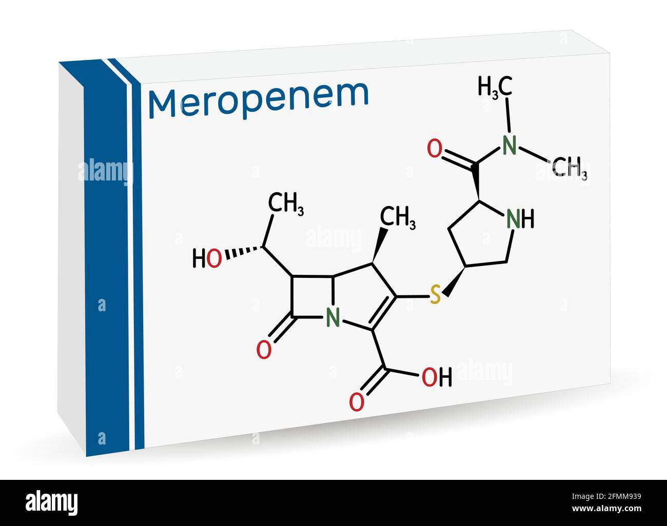 Molécule de meropenem. Il s'agit d'un antibiotique carbapénème à large spectre. Formule chimique squelettique . Emballage en papier pour médicaments. Illustration vectorielle Illustration de Vecteur