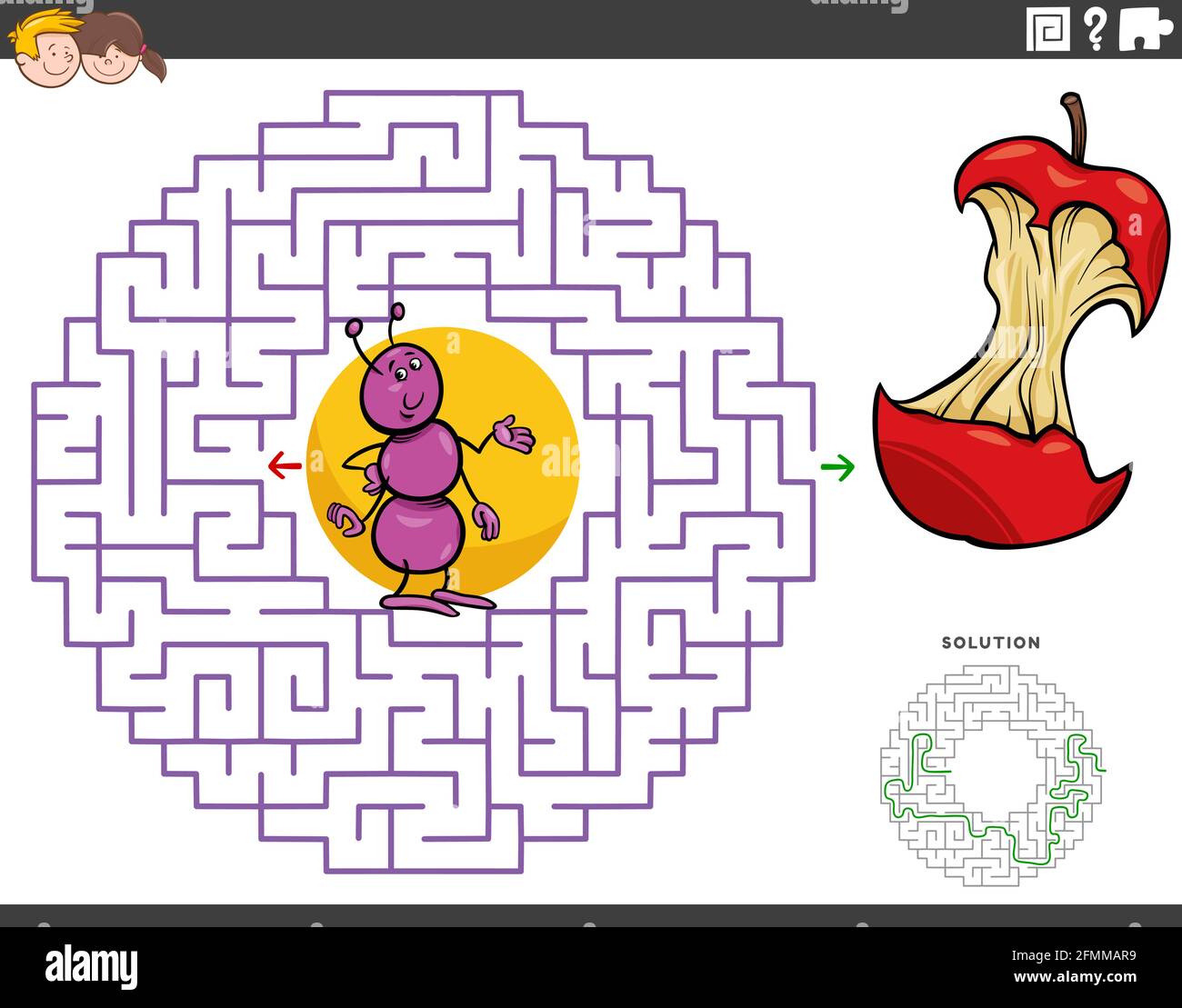 Dessin animé illustration du jeu de puzzle éducatif de labyrinthe pour les enfants avec corps de pomme et d'ant Illustration de Vecteur