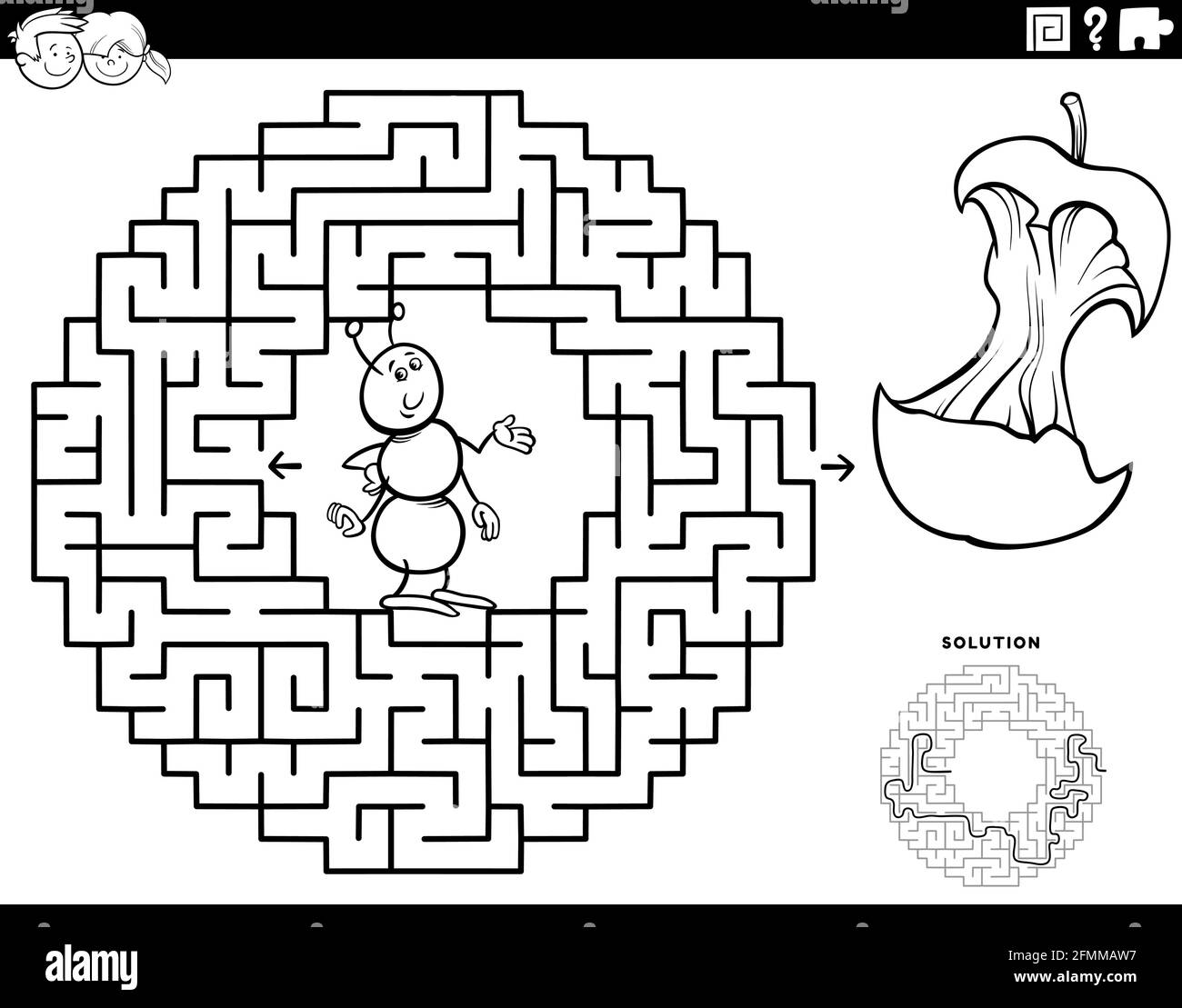 Illustration de dessin animé noir et blanc du jeu de puzzle éducatif de labyrinthe pour les enfants avec fourmis et de la page de livre de coloriage de coeur de pomme Illustration de Vecteur