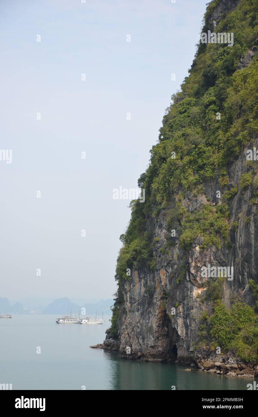 Vue latérale d'une montagne verte se terminant dans les eaux de la baie de Halong Banque D'Images