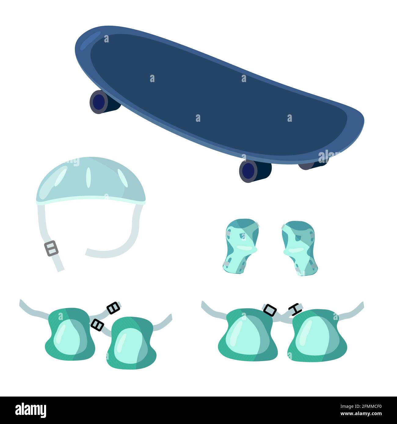 Jeu d'éléments de pilotage pour planche de bord. skate, casque, gants de protection, genouillères, protège-coudes. Illustration vectorielle de style dessin animé. Jeu de ridi de tableau de bord de mer Illustration de Vecteur