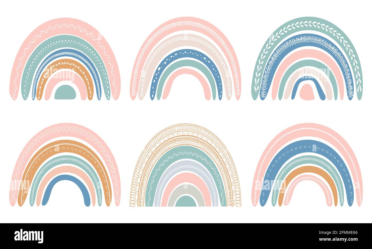 Ensemble de jolis arcs-en-ciel de style scandinave. Aquarelle arc-en-ciel isolée sur fond blanc. Couleurs pastel. Art moderne Vector. Illustration de Vecteur