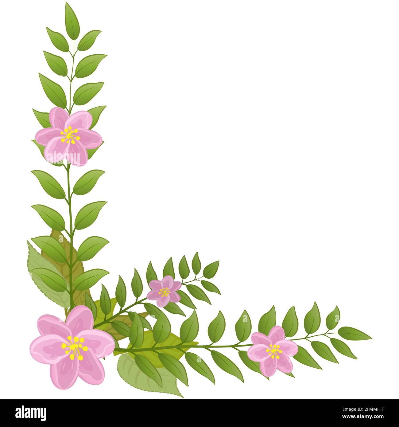 Cadre en forme de coin à motif fleuri. Une couronne de fleurs roses et de feuilles vertes. Coin fleuri. Illustration de Vecteur