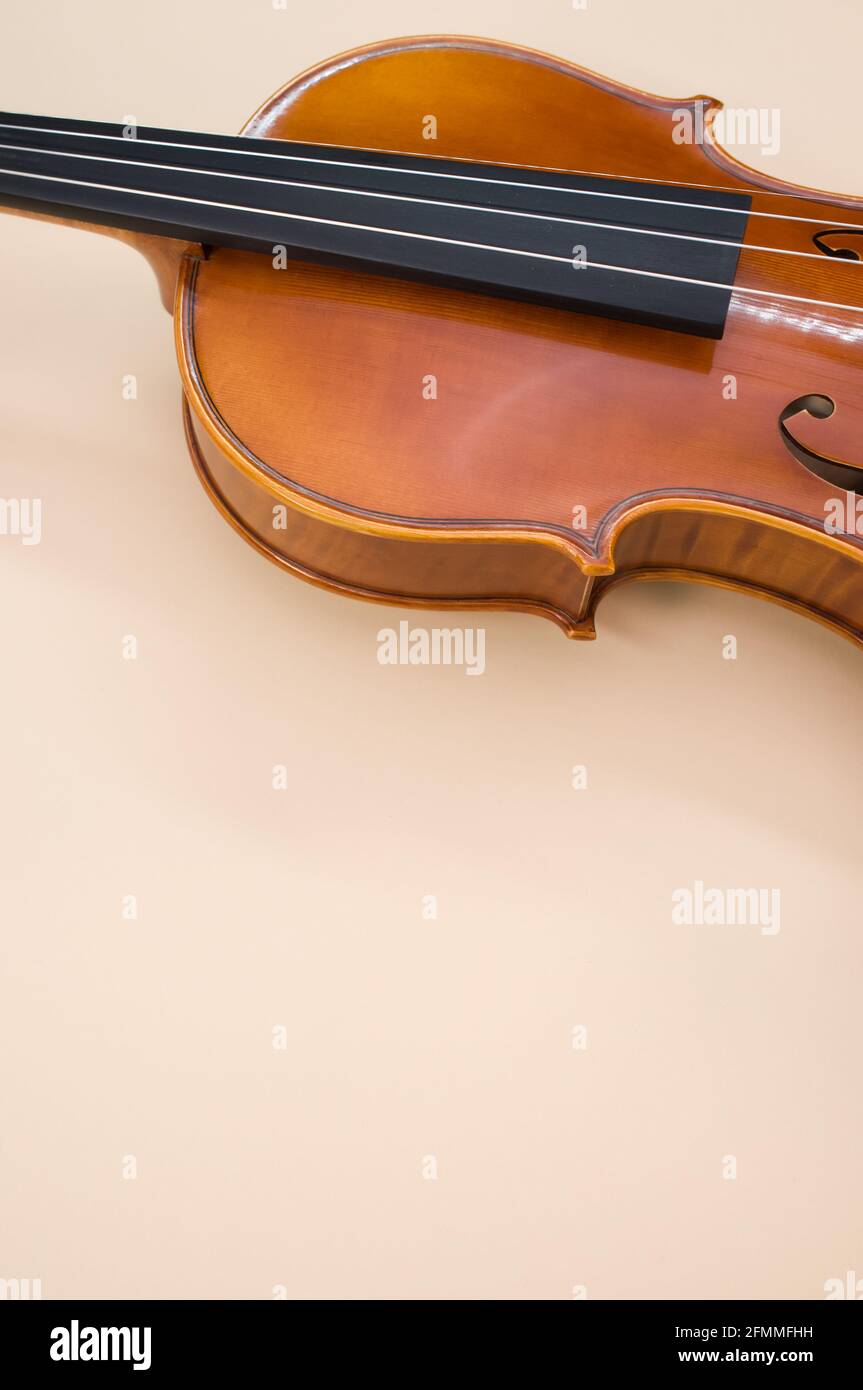 Photo verticale d'un violon en érable montrant uniquement le becs supérieurs et centraux Banque D'Images