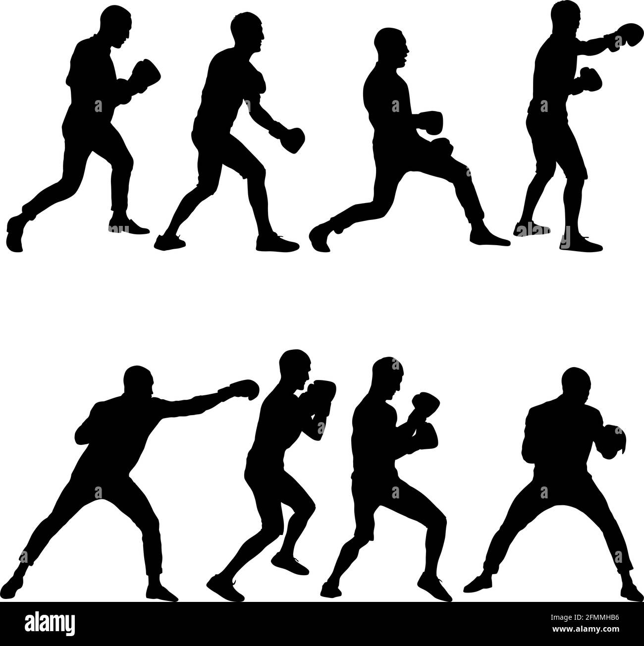 Ensemble Noir silhouette d'un athlète boxer sur un fond blanc. Illustration de Vecteur