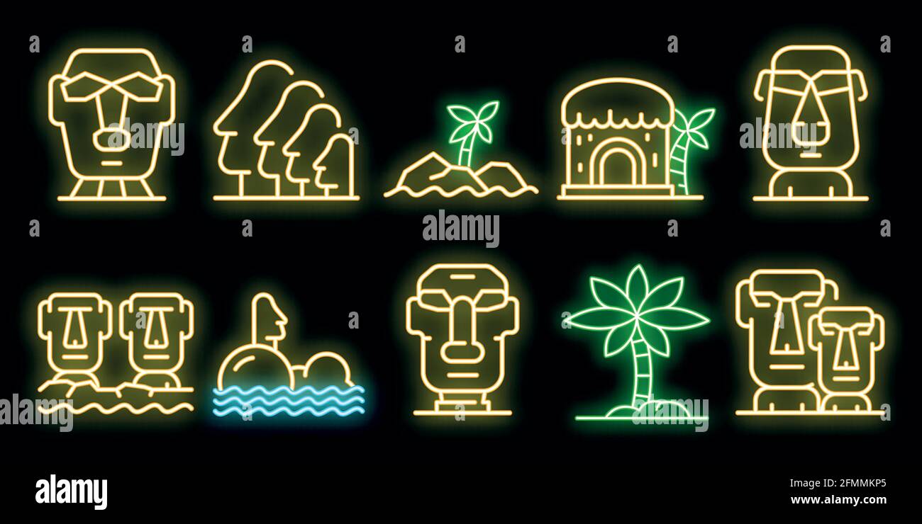 Ensemble d'icônes de l'île de Pâques. Ensemble de contours des icônes vectorielles de l'île de Pâques couleur néon sur noir Illustration de Vecteur