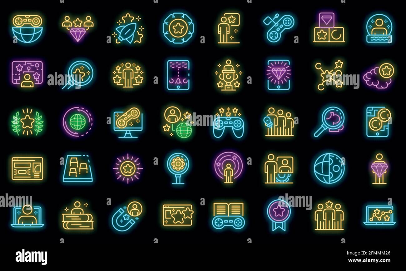 Jeu d'icônes de gamification. Ensemble de contours des icônes vectorielles de gamification couleur néon sur noir Illustration de Vecteur