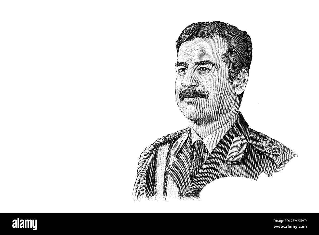 Saddam Hussein a coupé un billet de dinar irakien de 25 émis en 1986 à des fins de conception Banque D'Images