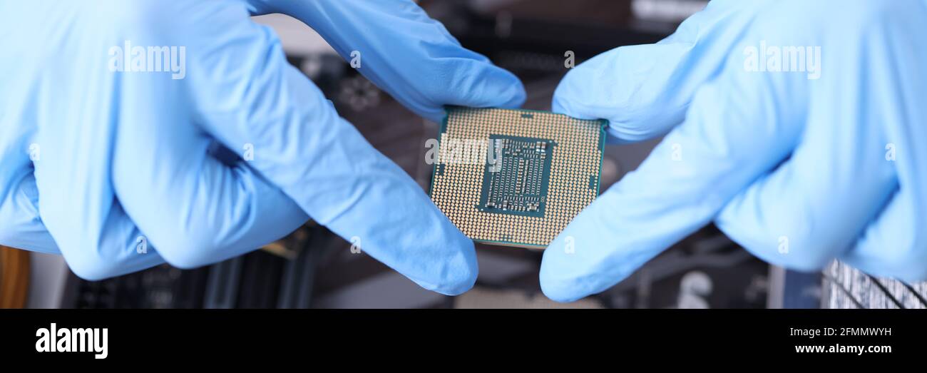 Le maître maintient le microcircuit sur les cartes d'ordinateur de près Banque D'Images