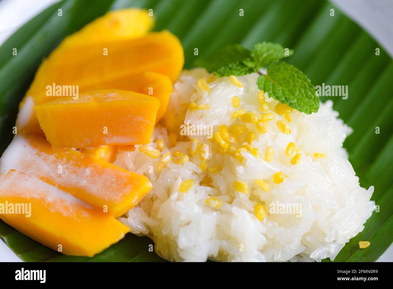 Riz mûr à la mangue cuit avec du lait de coco, dessert thaï asiatique, zeste de mangue douce tropicale et coupé en tranches de haricots jaunes sur la feuille de banane et le congé de menthe fraîche Banque D'Images