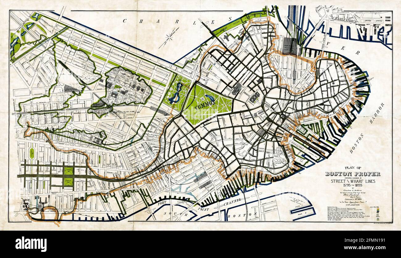 Boston 19e siècle change la carte. Titre original: 'Plan of Boston proprement dit, montrant des changements dans les lignes de rue et de quai, 1795 à 1895.' Il s'agit d'une reproduction améliorée et restaurée d'une ancienne carte. Il présente l'évolution de Boston à la fin du XIXe siècle. Indique les changements de lignes de rue et de quai. Banque D'Images