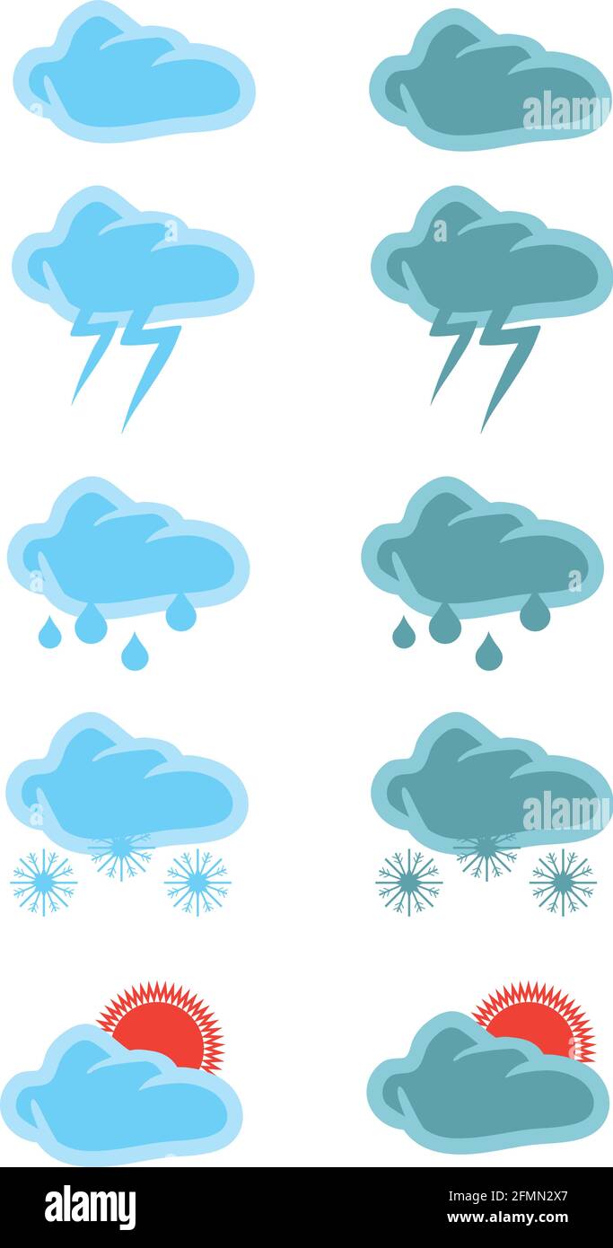 Illustrations vectorielles des icônes météo en bleu et vert pour le ciel nuageux, les orages, les averses, les neige et le soleil isolés sur fond blanc. Illustration de Vecteur