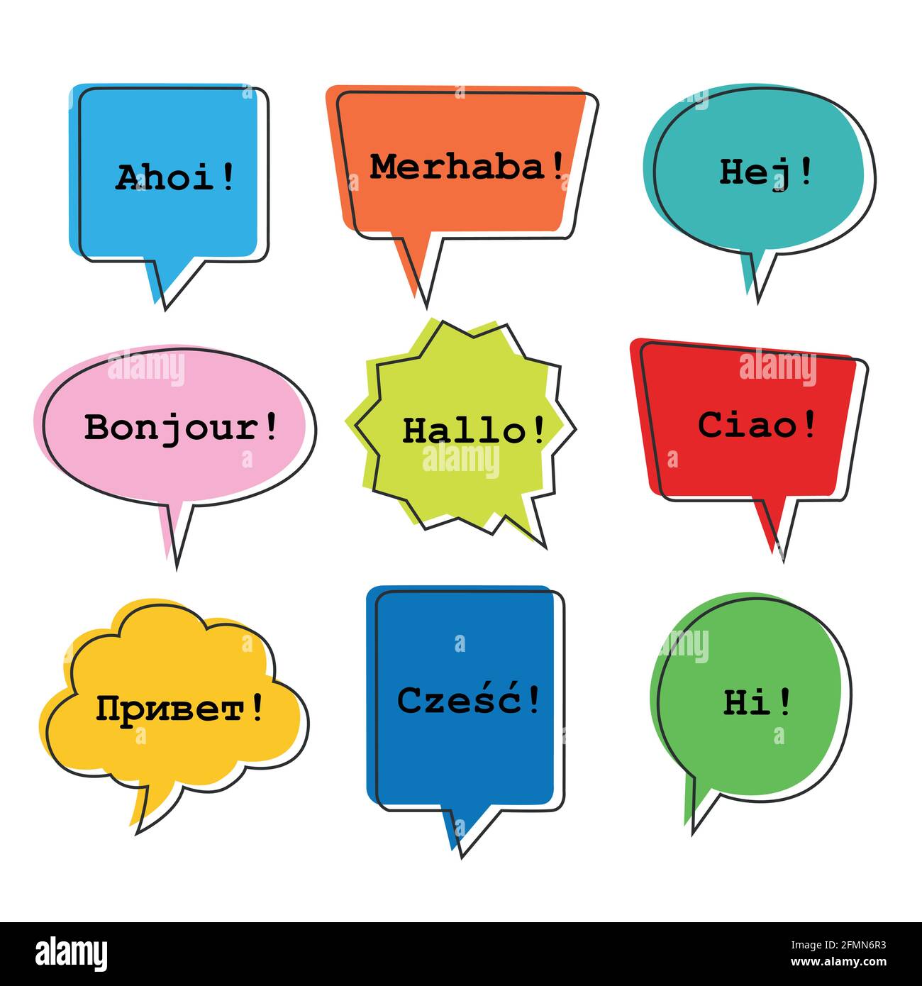 Schéma fluide avec bulles vocales avec le mot bonjour dans différentes langues. Illustration de Vecteur