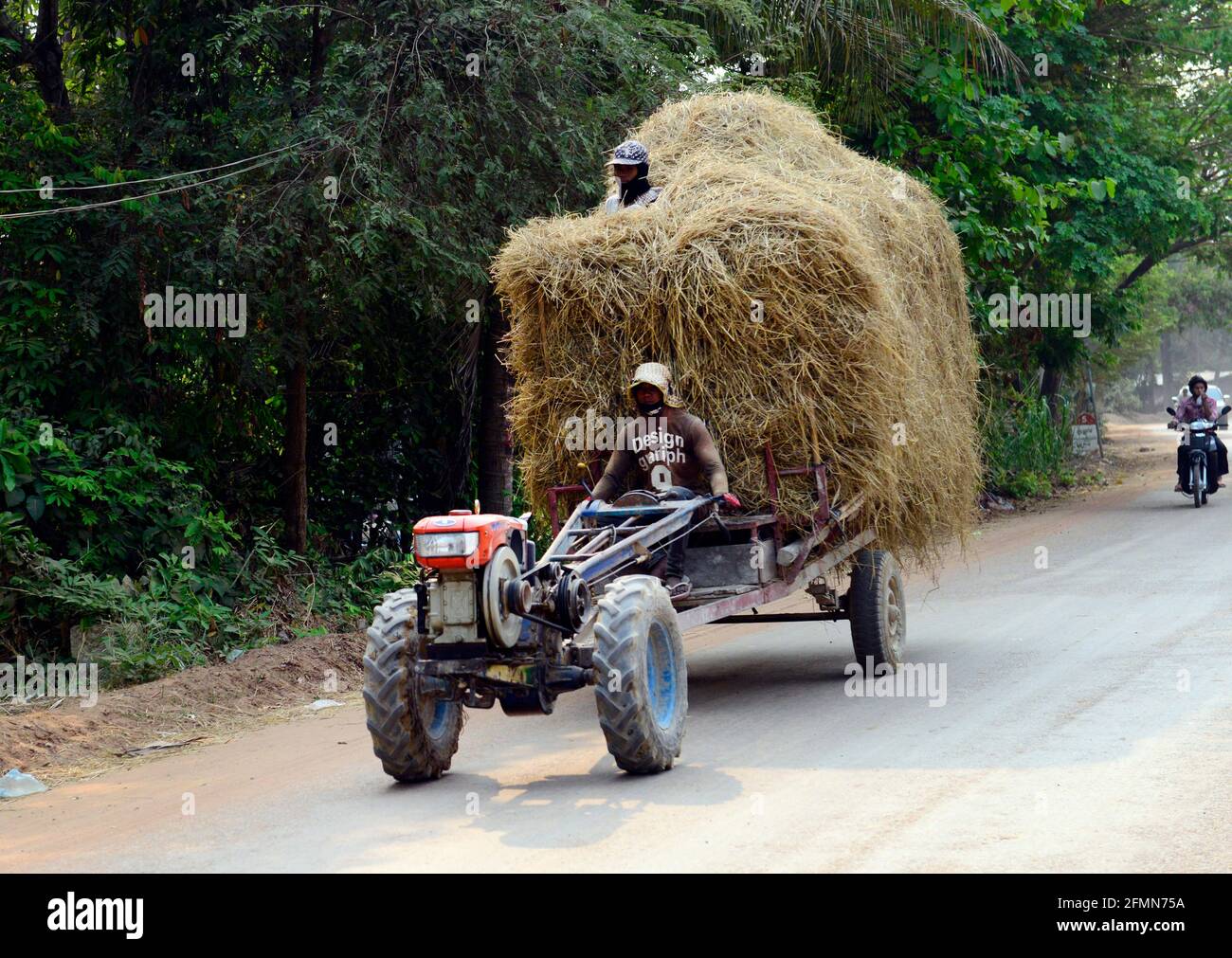 Les agriculteurs transportant du foin sur un tracteur improvisé dans la province de Siem Reap au Cambodge. Banque D'Images