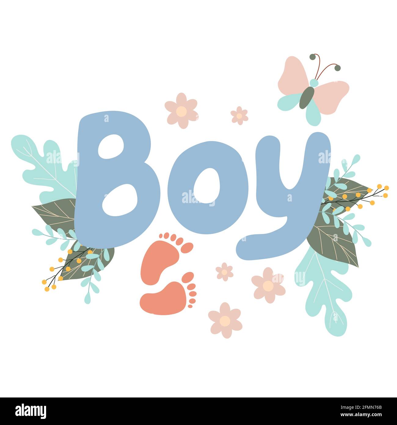 Lettering Boy décoré avec des brindilles et des feuilles de fleurs, des lettres bleues, une jolie inscription pour un nouveau-né, des objets vectoriels en forme de caniche Illustration de Vecteur