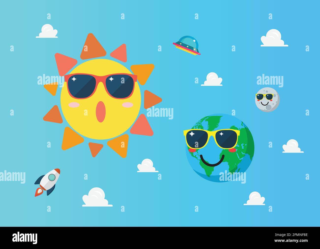 Planète terre porte des lunettes de soleil contre le caractère du soleil sur le ciel bleu. Concept d'été. Émoticônes humoristiques sur fond d'espace. Illustration de Vecteur