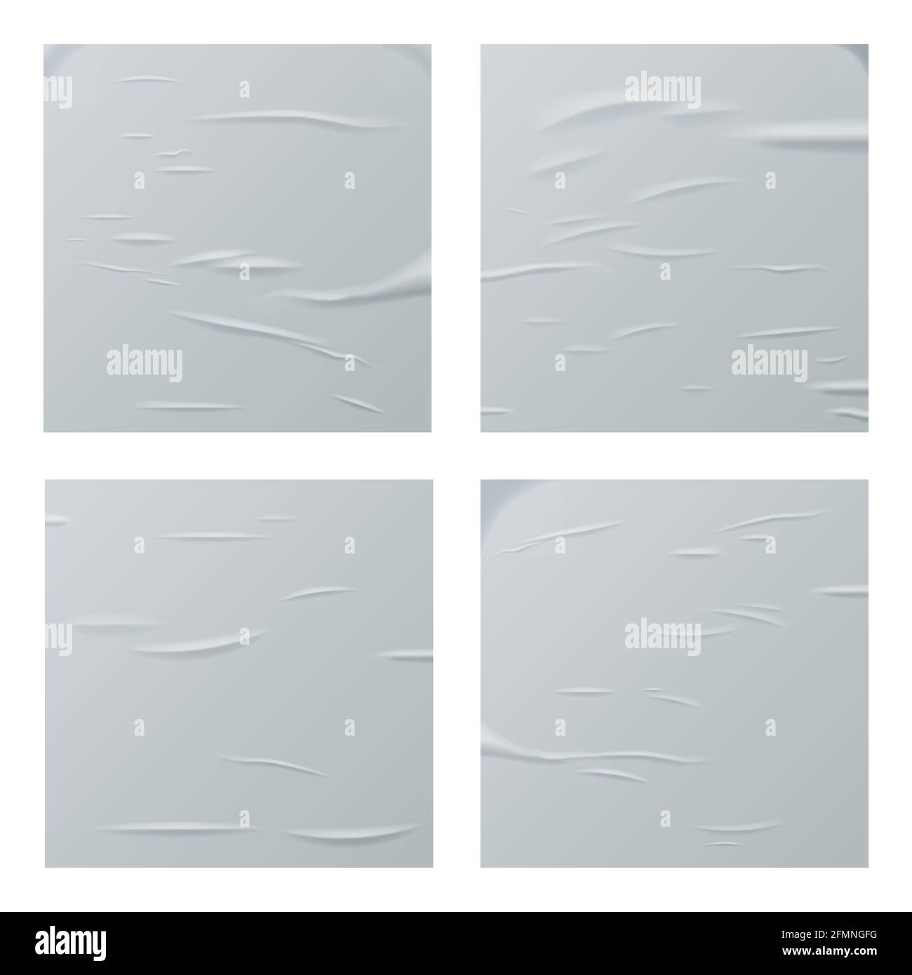 Ensemble de feuilles de papier carrées blanches collées. Ensemble d'affiches réalistes et isolées par vecteur. Texture de modèle vierge graissée humide. Publicité vide Illustration de Vecteur