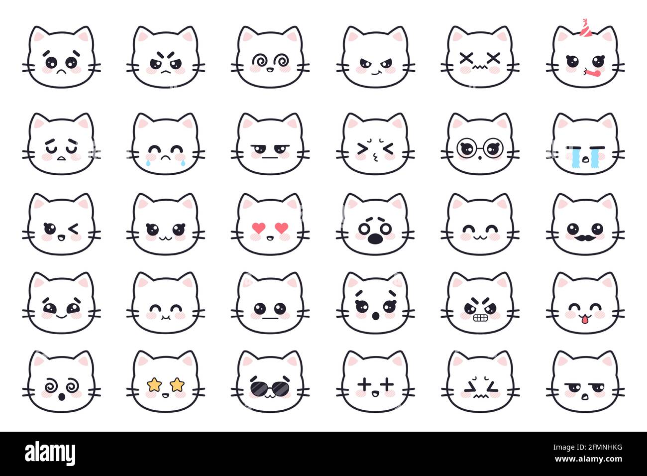 Chats Kawaii Tete De Chaton Blanc Anime Avatars Avec Diverses Emotions Peur Pleurer Et Colere Apathie Et Mort Joie Et Surprise Manga Vecteur Ensemble Personnages De Dessins Animes Avec Des Lunettes De