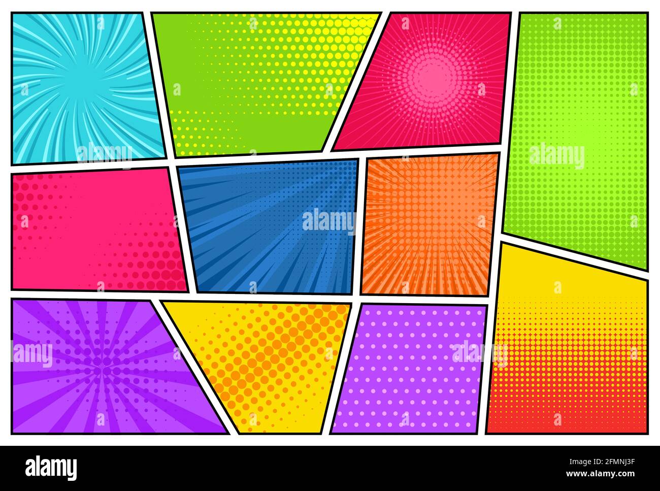 Arrière-plans comiques. Manga, backdrop art dans les cadres. Texture d'explosion de super-héros avec effet demi-ton. Modèles vectoriels vintage avec illustration de rayons, de points ou de points et de lignes Illustration de Vecteur
