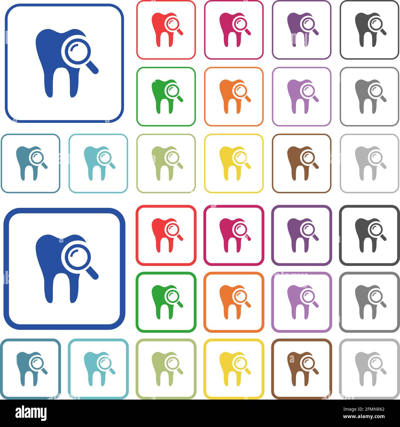 L'examen dentaire affiche des icônes plates dans des cadres carrés arrondis. Versions minces et épaisses incluses. Illustration de Vecteur