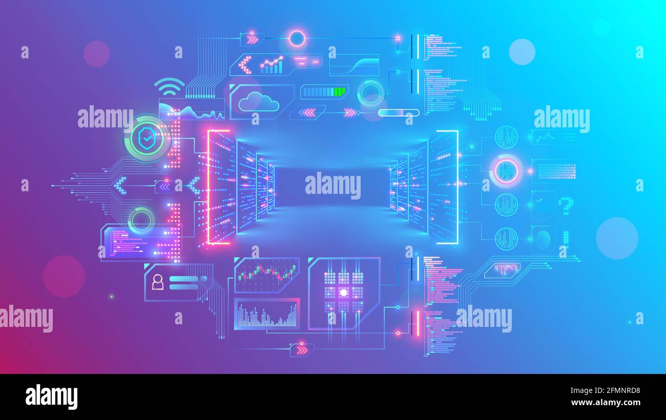 Les serveurs des centres de données numériques font du cloud computing dans les salles de serveurs. Service Web en ligne stockage Internet à distance. Résumé ordinateur conceptuel Illustration de Vecteur