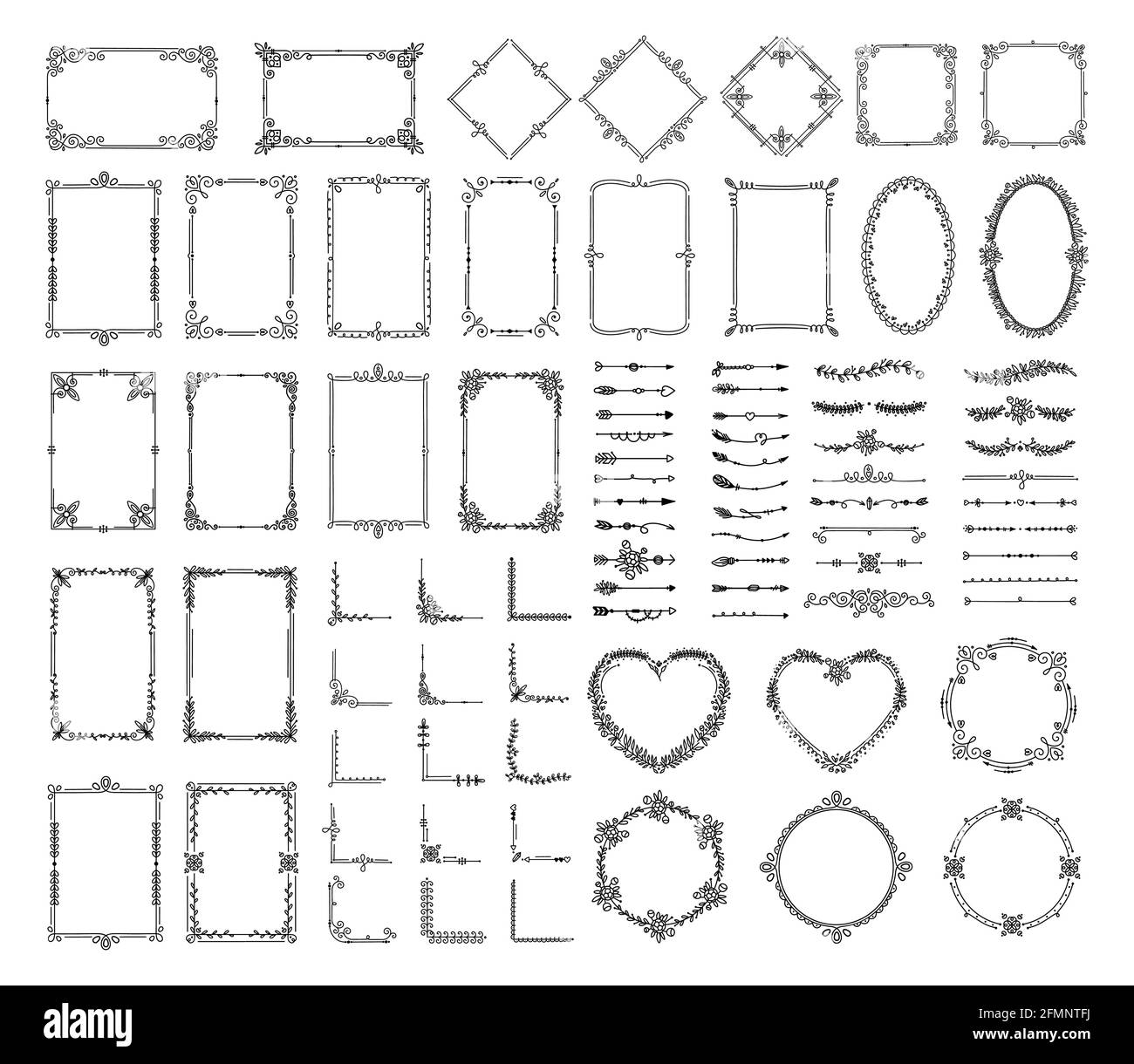 Éléments décoratifs. Cadres et bordures fleuries vintage. Séparateurs, coins, flèches. Cadre élégant avec tourbillons, fleurs, feuilles. Ensemble de vecteurs décoratifs dessinés à la main. Mariage, livre décoration festive Illustration de Vecteur