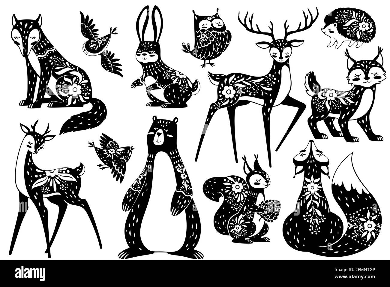 Animaux scandinaves. Habitants de la forêt nordique avec des motifs floraux. Cerf, renard et lièvre, écureuil et hérisson, lynx et hibou ensemble de vecteurs de style suédois. Voler de beaux oiseaux avec ornement Illustration de Vecteur