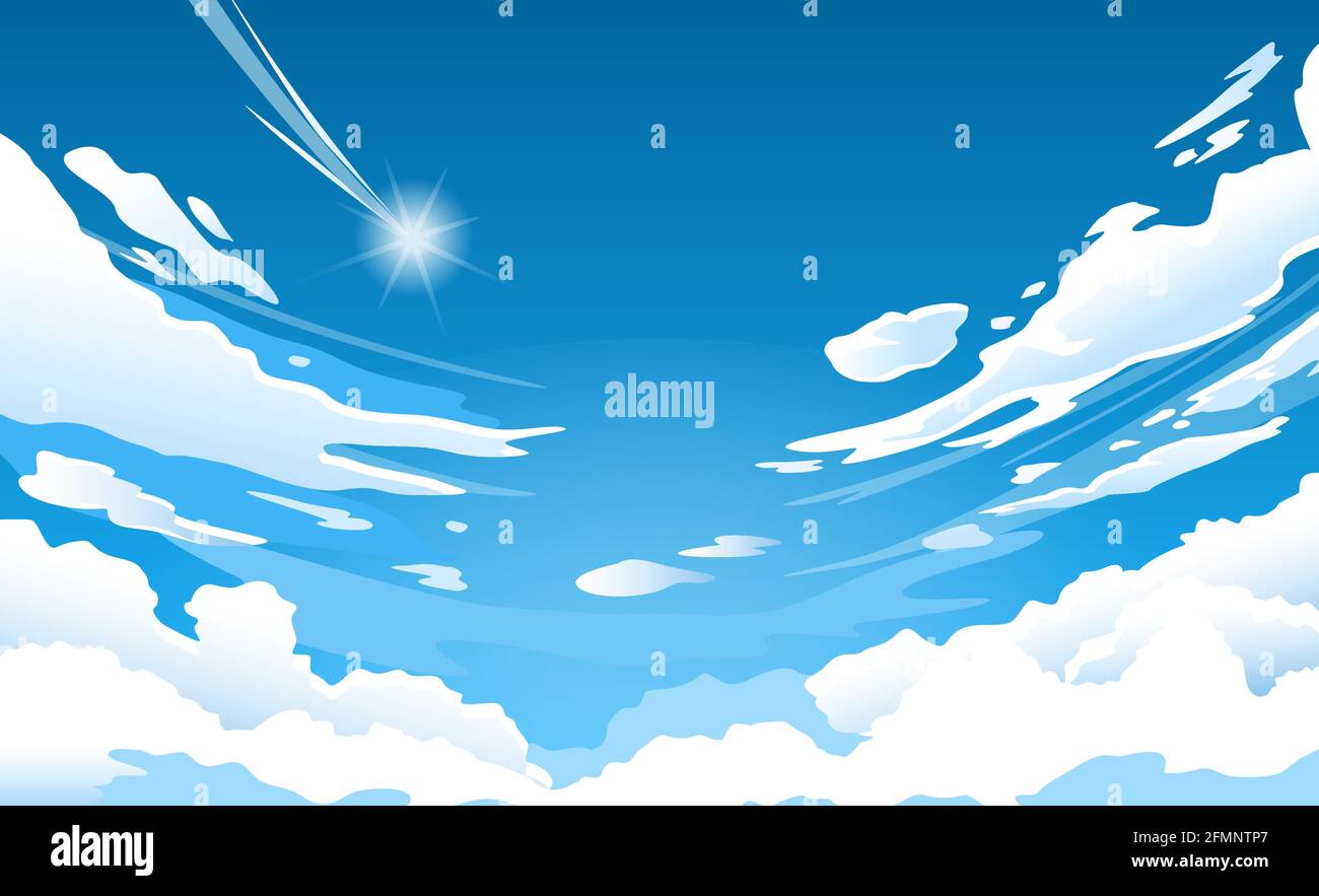 Ciel d'Anime. Nuage dans ciel bleu dans le soleil d'été, nature nuageux belle scène matinale avec chute de papier peint vecteur d'étoiles, arrière-plan. Paysage de nuages lumineux avec cumulus et brillant Illustration de Vecteur