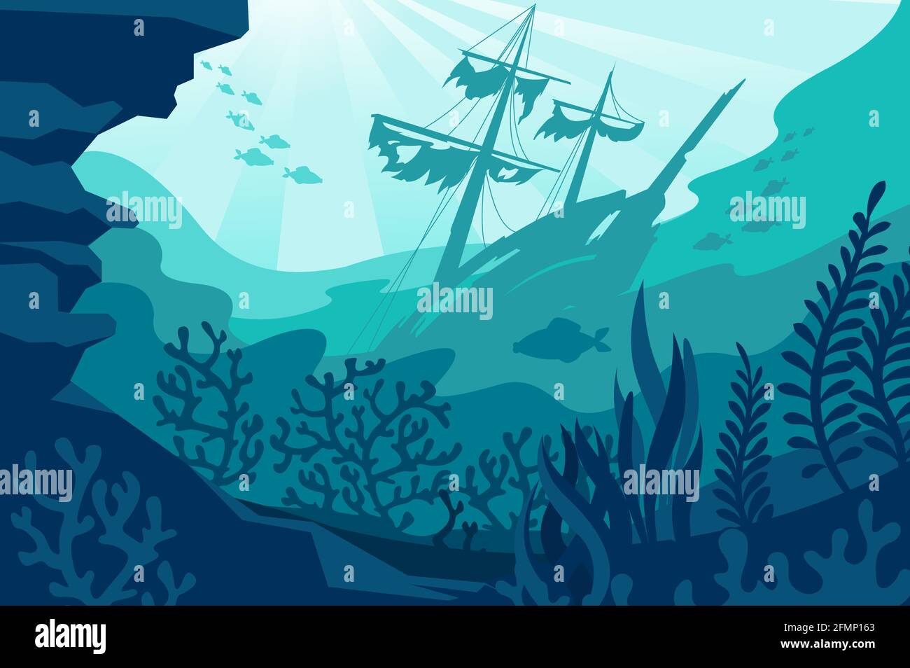 Fond marin. Fond océanique profond avec algues, navire en contrebas, silhouettes de corail et de poissons. Plongée sous-marine calme paysage marin panorama vectoriel. Faune sauvage avec navire épaté Illustration de Vecteur