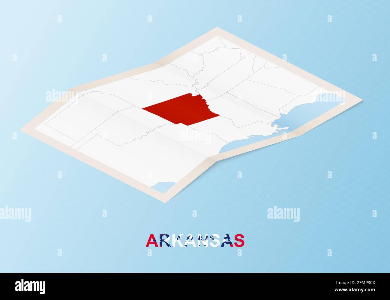 Carte papier pliée de l'Arkansas avec les pays voisins dans le style isométrique sur fond de vecteur bleu. Illustration de Vecteur