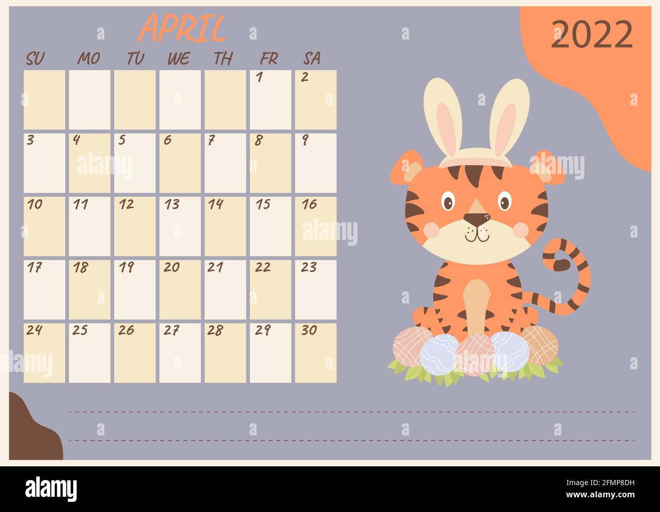 Calendrier de planification pour avril 2022. Mignon tigre de Pâques avec des oreilles de lapin et des œufs de Pâques. Année du tigre en chinois ou oriental. Illustration vectorielle. Hor Illustration de Vecteur