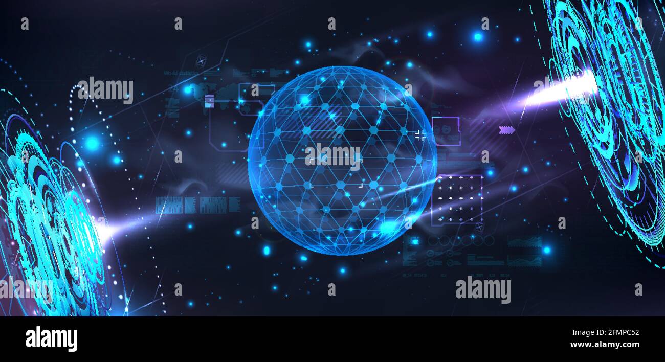 Laboratoire futuriste avec hologrammes et bulle 3D pour présenter votre produit dans un arrière-plan futuriste du cyberespace. Modèle dôme ou sphère vide avec Illustration de Vecteur