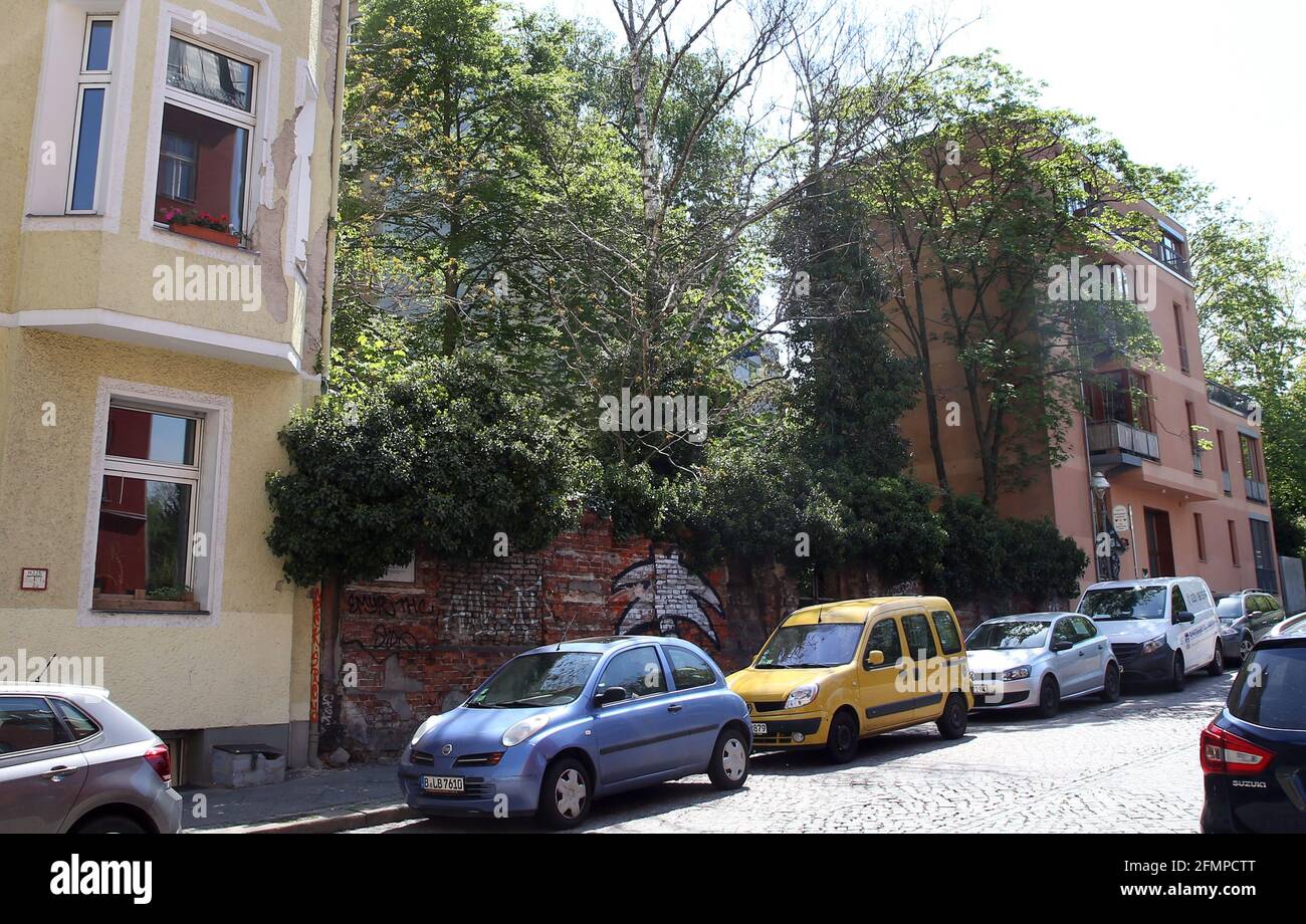 Berlin, Allemagne. 11 mai 2021. Une croissance sauvage s'est formée sur les ruines d'un immeuble d'appartements à Metfesselstraße 7 à Berlin-Kreuzberg, où le premier ordinateur fonctionnel au monde a été inventé. Dans le salon de ses parents, Konrad Zuse a développé une machine à calculer qui ferait automatiquement les calculs fastidieux des ingénieurs de la structure. C'était le précurseur du premier ordinateur numérique au monde. Ce premier ordinateur fonctionnel, le Z3, a été mis en service pour la première fois il y a exactement 80 ans - le 12 mai 1941. Credit: Wolfgang Kumm/dpa/Alay Live News Banque D'Images