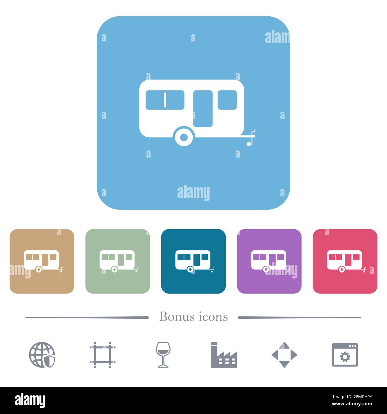 Remorque caravane icônes plates blanches sur fond carré de couleur arrondie. 6 icônes bonus incluses Illustration de Vecteur