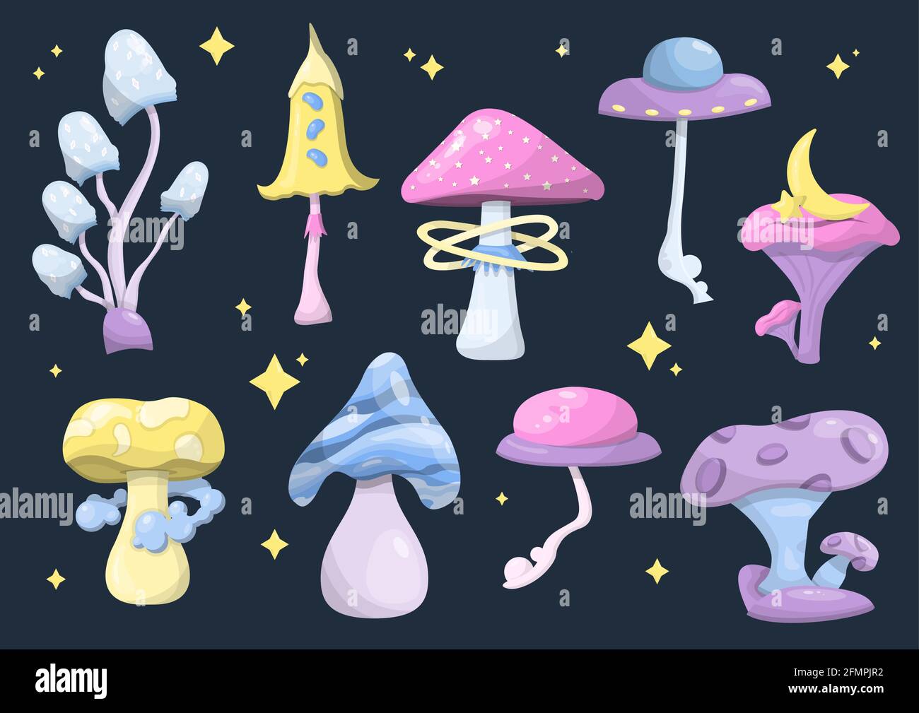 Ensemble de champignons magiques vectoriels. Champignons de l'espace. Illustrations colorées de l'espace avec des soucoupes volantes, des planètes et des étoiles. Bannière, publicité Illustration de Vecteur