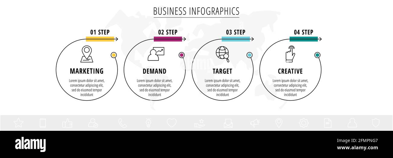 Infographies vectorielles quatre cercles avec flèches. Concept métier de 4 étapes, options. Modèle d'infographie pour diagramme, Web, bannière, présentations Illustration de Vecteur