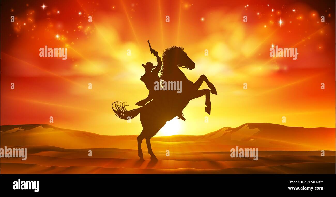 Cowboy Riding Horse Silhouette fond Coucher de soleil Illustration de Vecteur