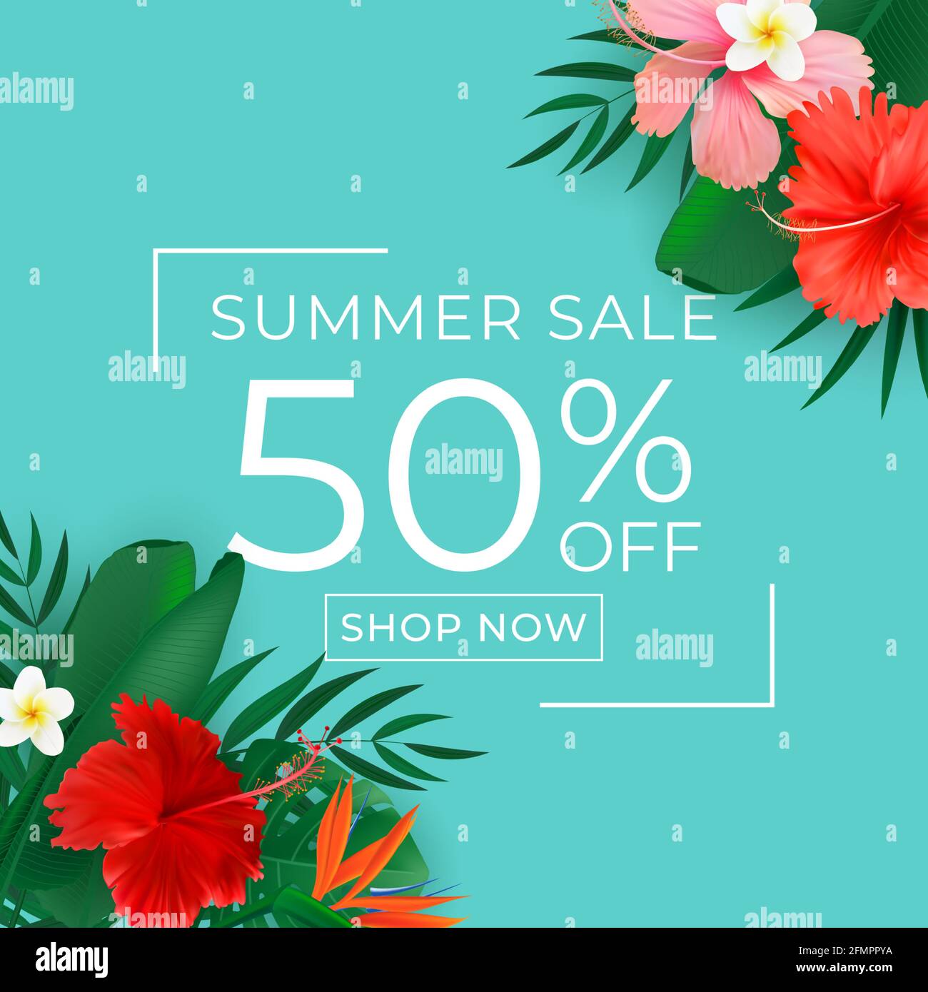 Affiche de solde d'été. Fond naturel avec palmier tropical et feuilles de Monstera, fleur exotique. Illustration vectorielle Illustration de Vecteur