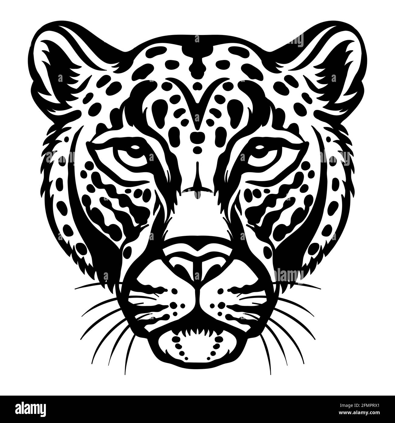 Mascotte. Tête de léopard. Illustration vectorielle couleur noire vue avant de chat sauvage isolée sur fond blanc. Pour la décoration, l'impression, le design, le logo, le service des pièces après-vente Illustration de Vecteur