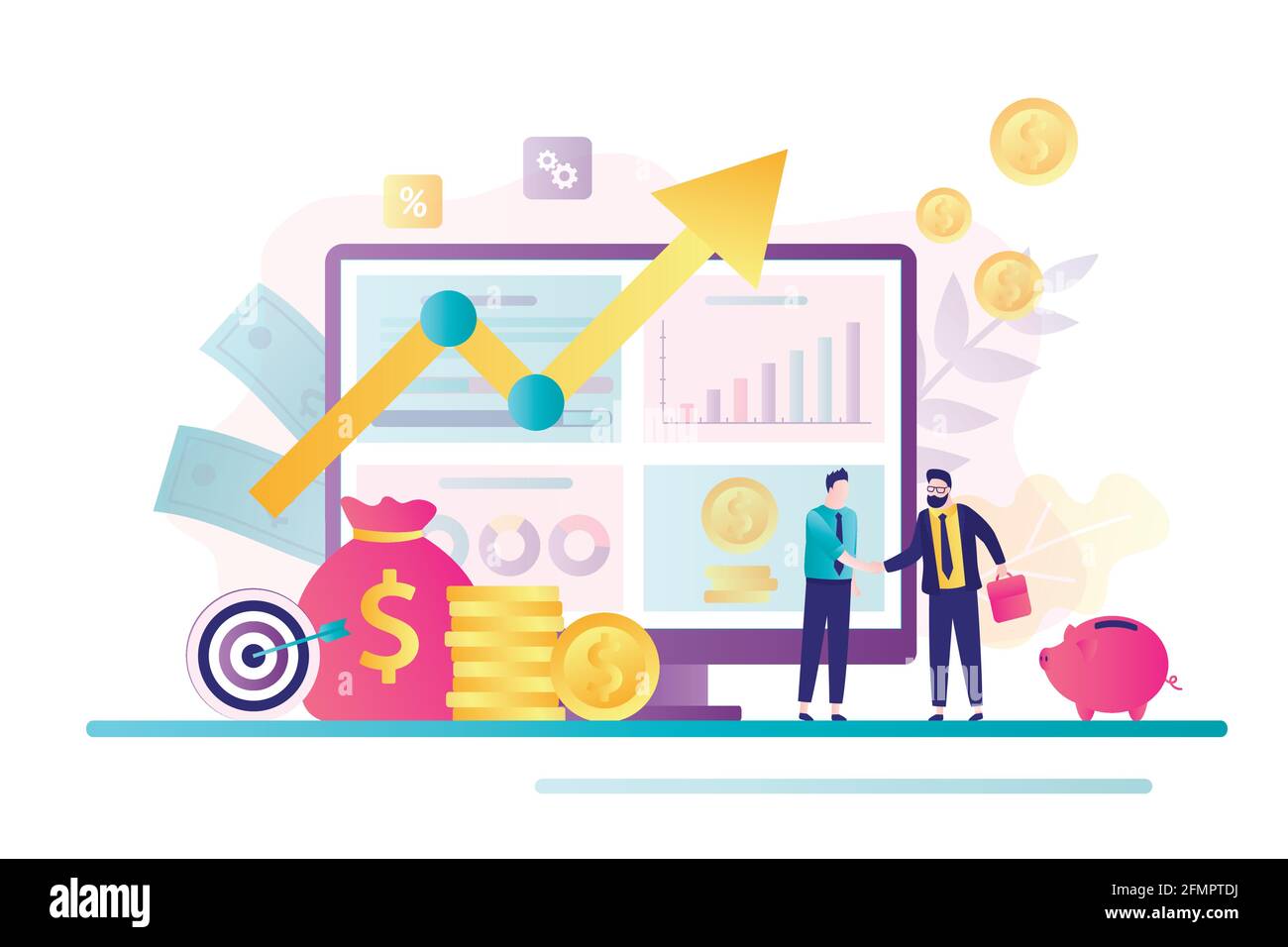 Les partenaires commerciaux font affaire. Analyse et analyse sur moniteur d'ordinateur. Des gens minuscules qui se secouent, des négociations réussies. Accord, partenariat et Illustration de Vecteur