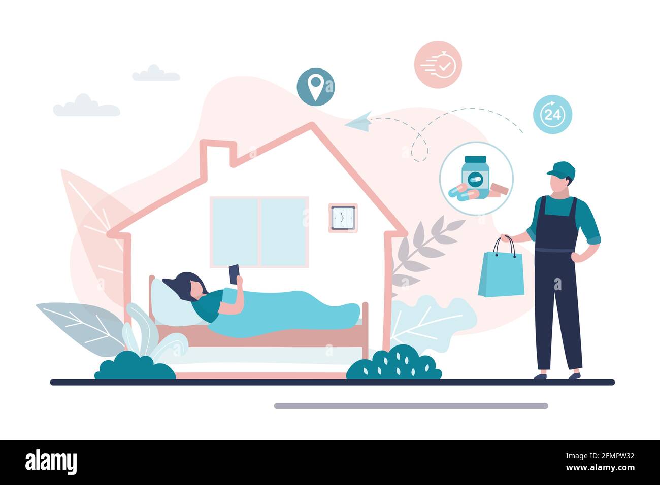 La Femme Reste A La Maison La Fille Malade Est Au Lit Livraison Gratuite De Traitements Pharmacie En Ligne Sac De Main D Homme De Livraison Avec Des Medicaments Medicaux Pharmacie Internet Il