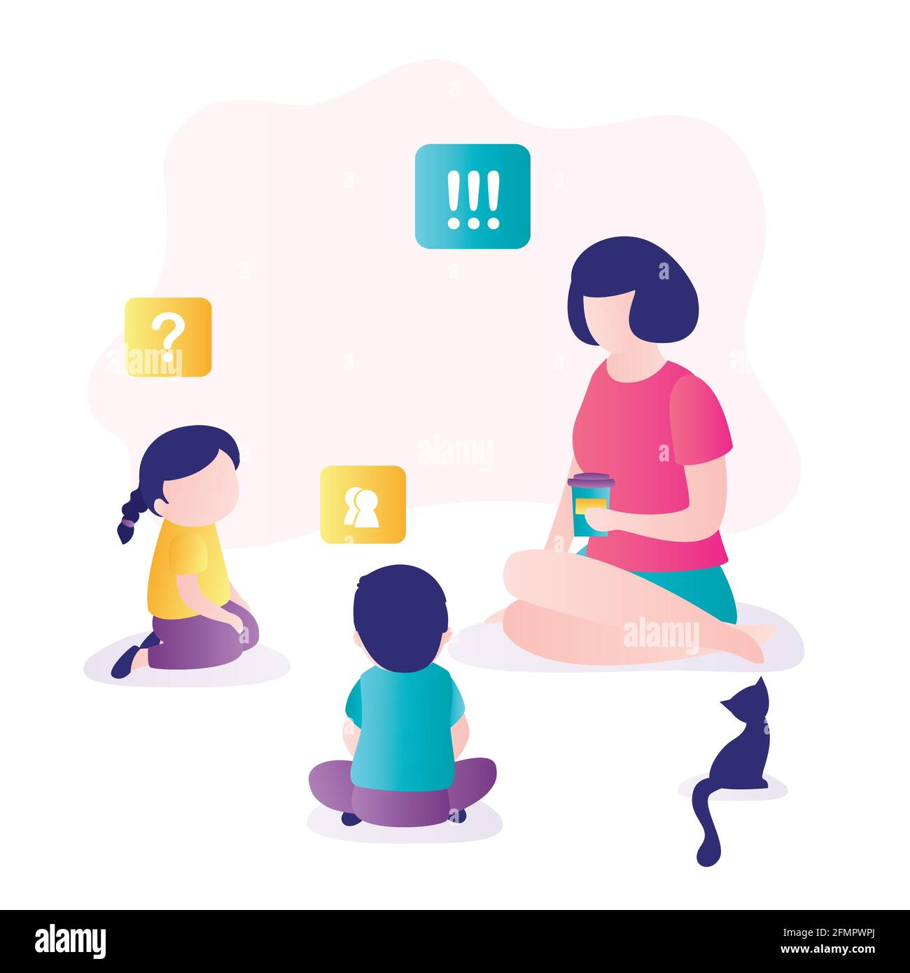 Femme parlant avec des enfants. L'enseignant communique les enfants. Processus d'éducation. Concept de relation. Personnages de People dans un style tendance. Les gens sont assis Illustration de Vecteur